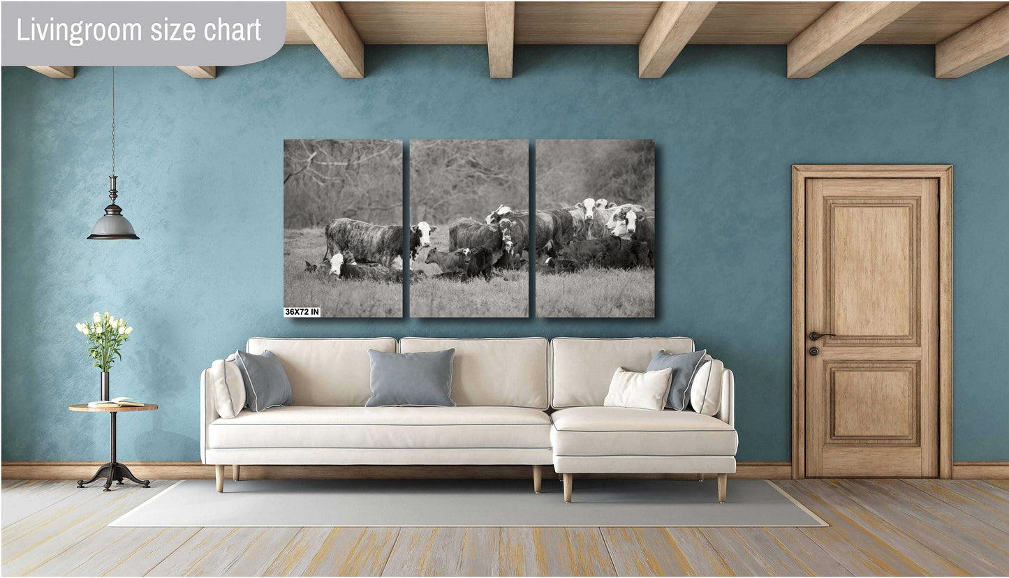 Country Wall Art - Rustic Black and White Cattle Photo Print - Cows & Calves Farm Art for Country Decor in Paper, Canvas, Acrylic or Metal