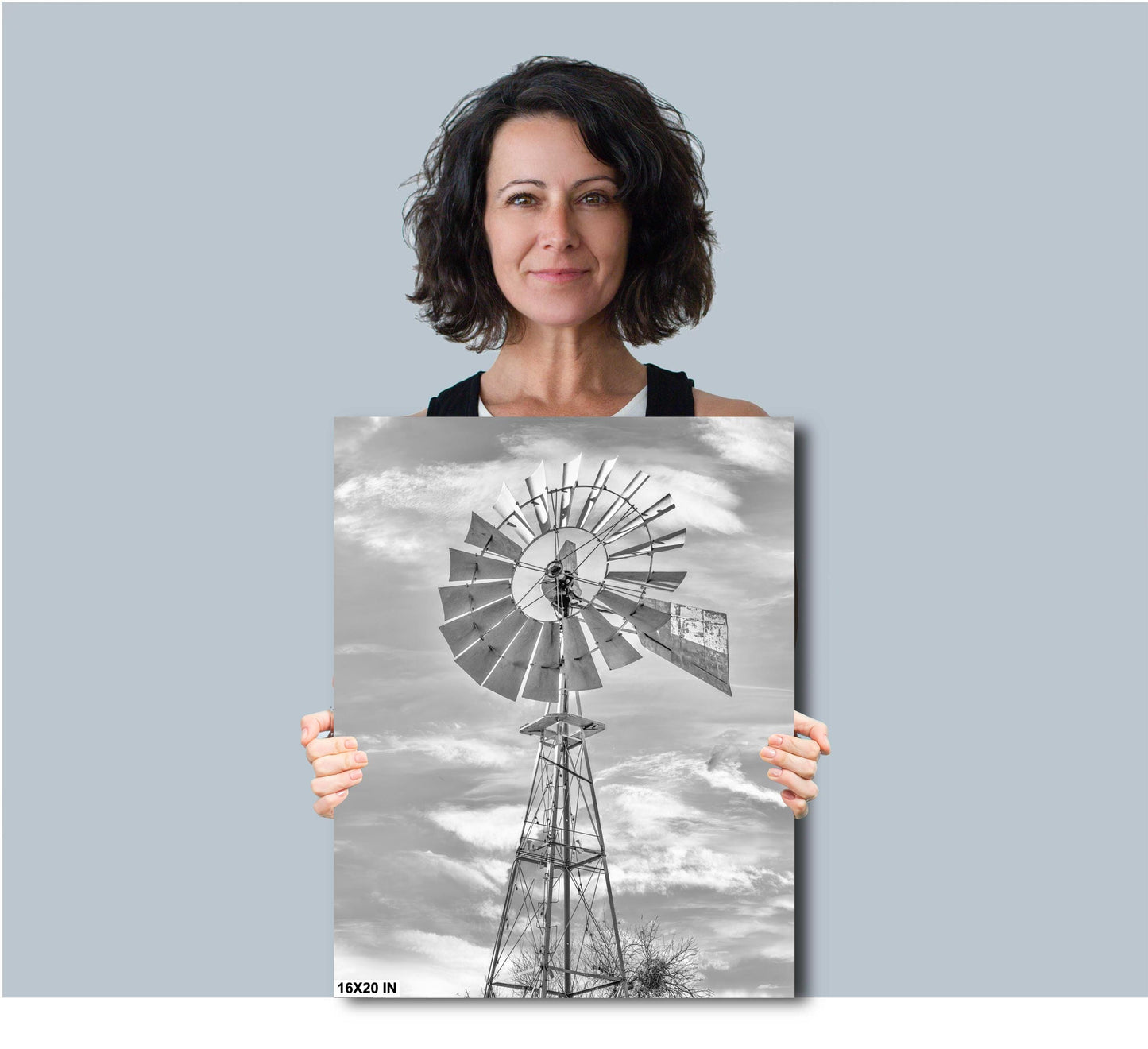 Texas Wall Art - Bandera Windmill Print - Cowboy Capitol of the World Black & White Art for Rustic Country Home Decor