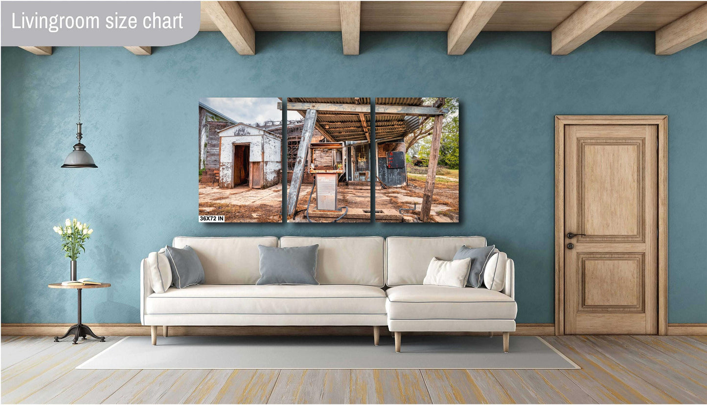 Gas Station Decor - Rustic Abandoned Gas Station in Iredell, Texas | Premium Quality or Ready-to-Hang Canvas, Acrylic & Metal Options