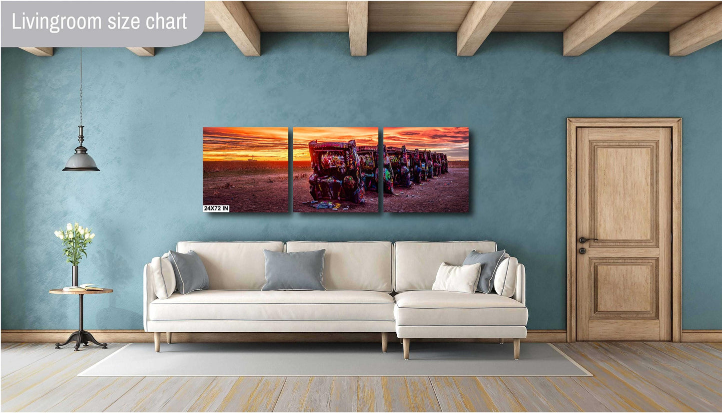 Retro Car Decor - Cadillac Ranch Sunset Print | Route 66 Amarillo Landscape Photography | Texas Americana Wall Art Decor
