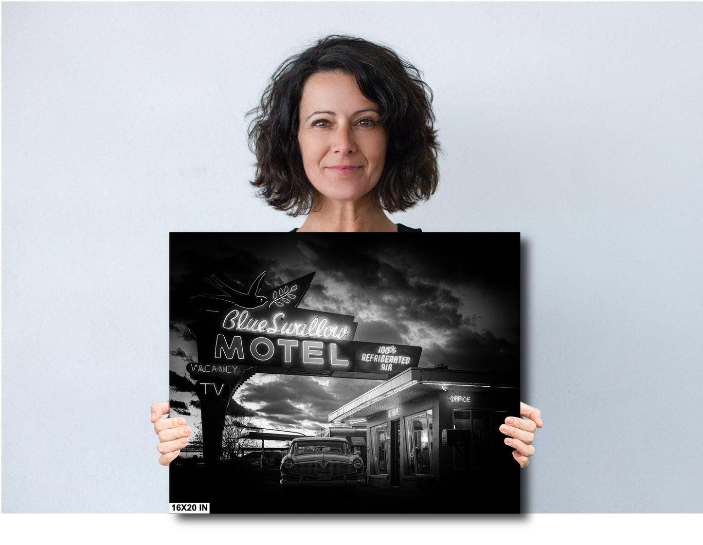 Route 66 Blue Swallow Motel Wall Art: Black & White Neon Sign Photography, Americana Decor, New Mexico Art