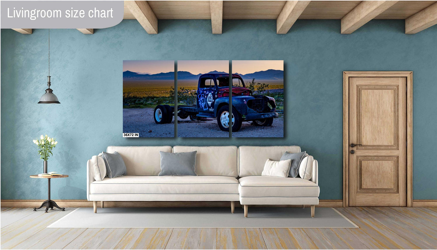 Banksy-Inspired Wall Art Print: Abandoned Truck in Rhyolite Ghost Town, Americana Desert Landscape Decor, Unique Home Art