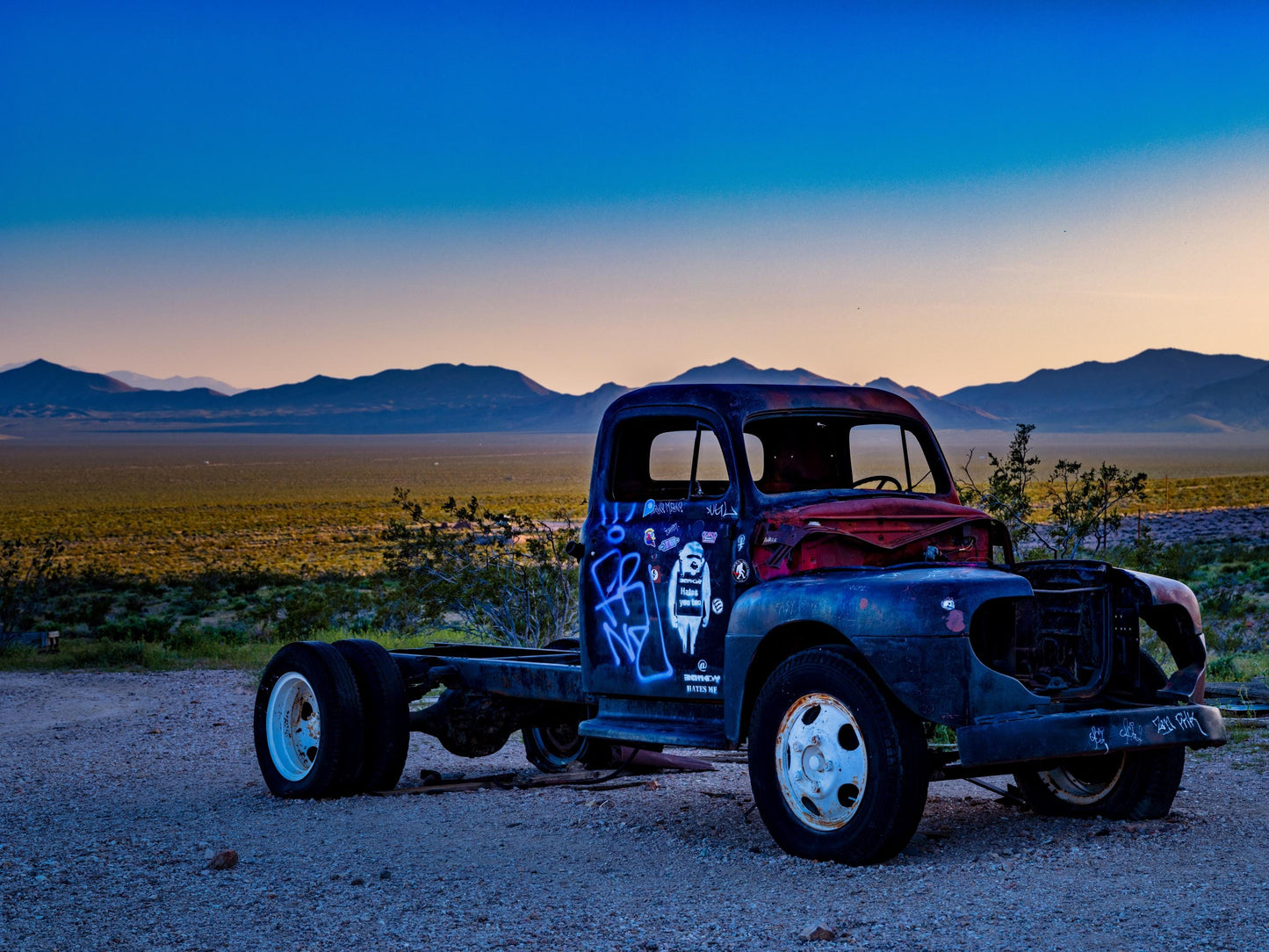 Banksy-Inspired Wall Art Print: Abandoned Truck in Rhyolite Ghost Town, Americana Desert Landscape Decor, Unique Home Art