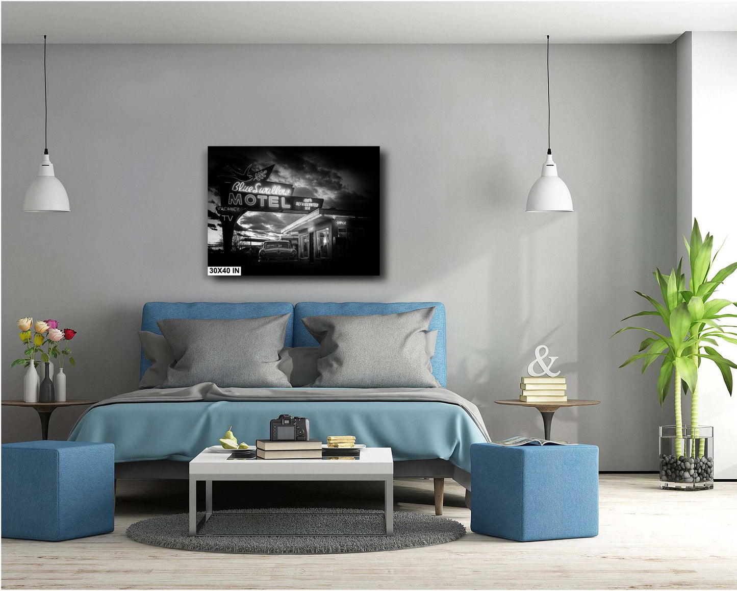 Route 66 Blue Swallow Motel Wall Art: Black & White Neon Sign Photography, Americana Decor, New Mexico Art