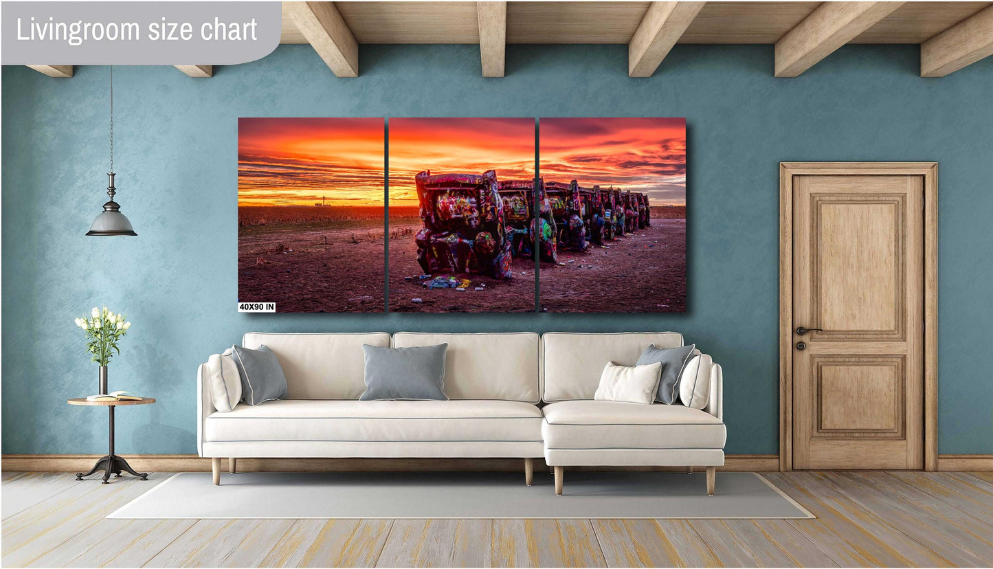 Retro Car Decor - Cadillac Ranch Sunset Print | Route 66 Amarillo Landscape Photography | Texas Americana Wall Art Decor