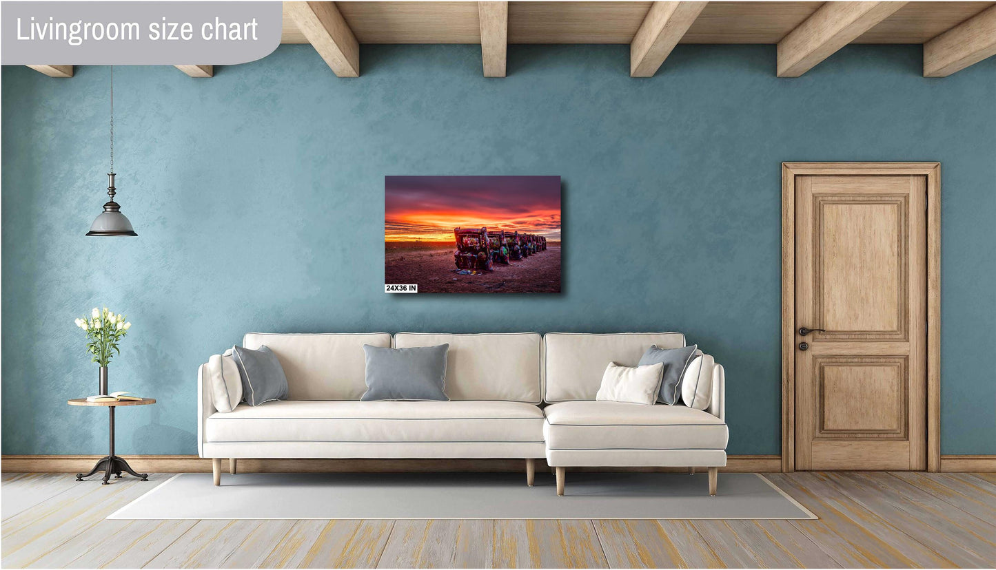Retro Car Decor - Cadillac Ranch Sunset Print | Route 66 Amarillo Landscape Photography | Texas Americana Wall Art Decor