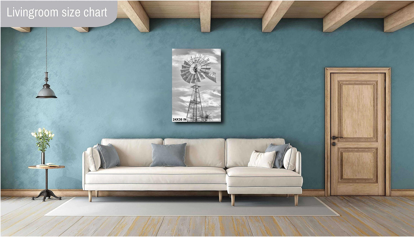 Texas Wall Art - Bandera Windmill Print - Cowboy Capitol of the World Black & White Art for Rustic Country Home Decor