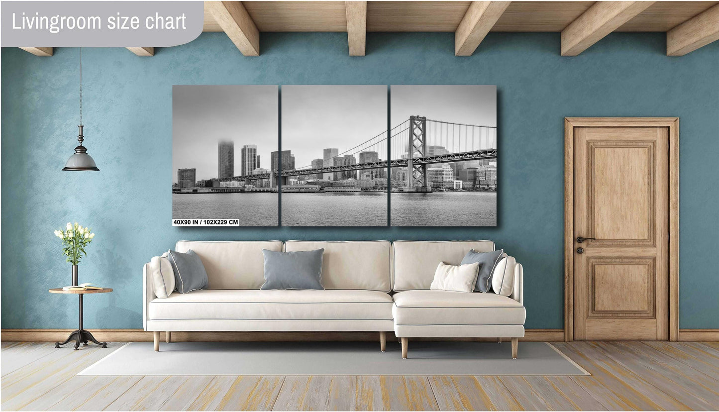 San Francisco Bay Bridge Wall Art Print, Black & White Urban Landscape Cityscape Decor, Modern Home Art % Gift Ideas