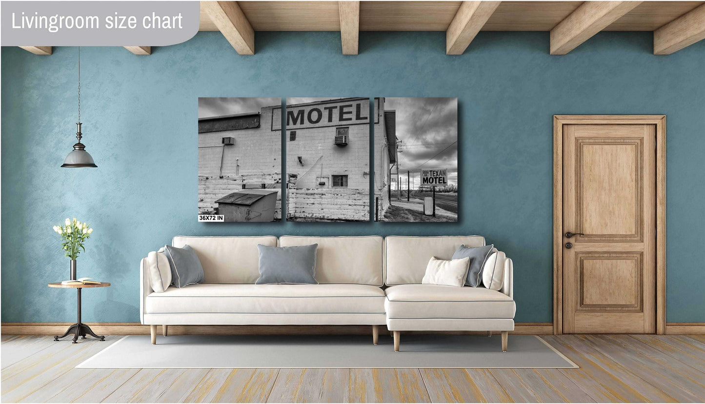 Motel - Black & White Photograph of Route 66 in Shamrock, Texas | Weathered Texan Motel on Photo Paper, Canvas, Acrylic, Metal