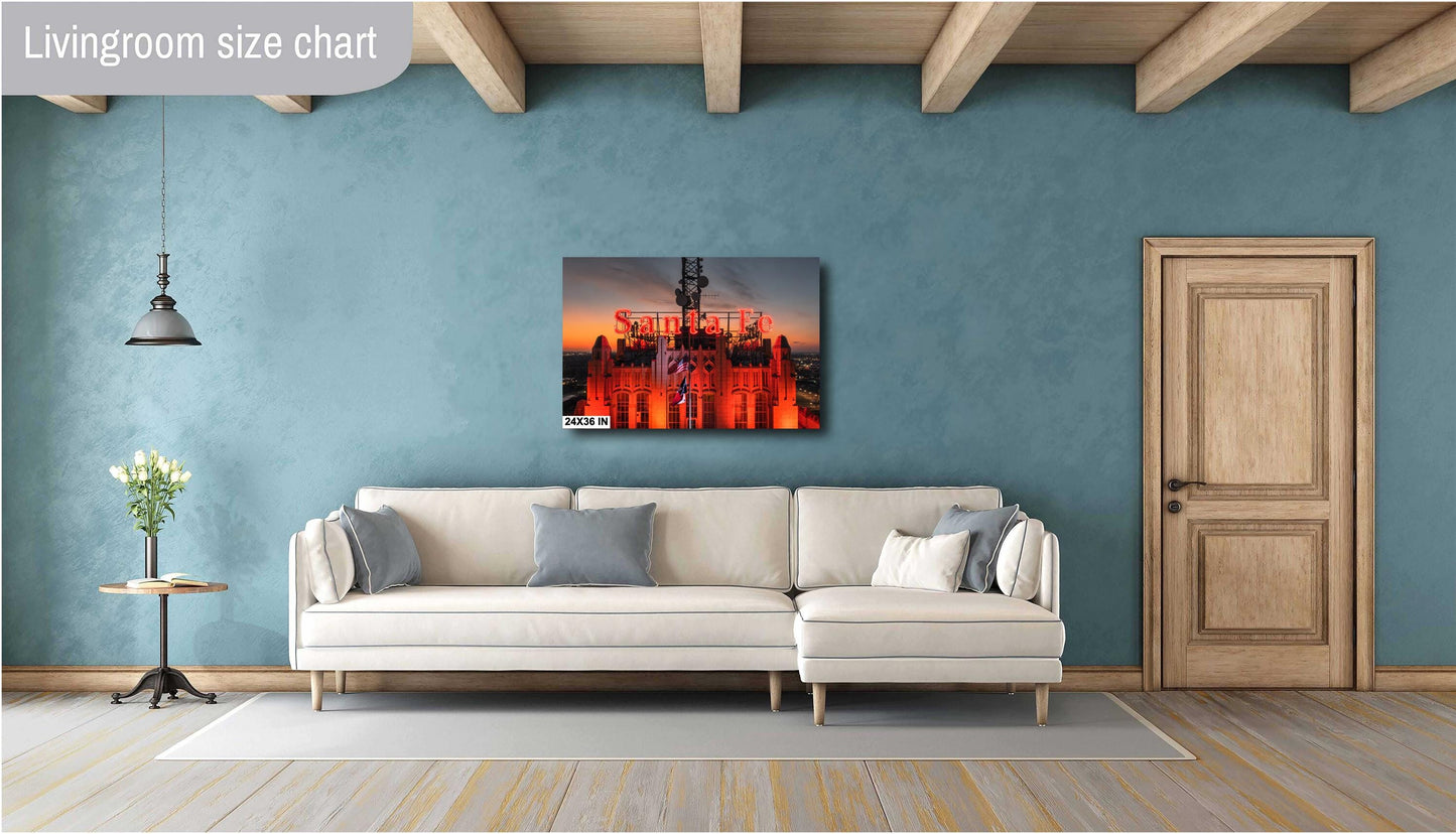 Historic Santa Fe Building Photo Print | Vintage Neon Sign Skyline Sunset | Premium Paper or Ready-to-Hang Canvas Art