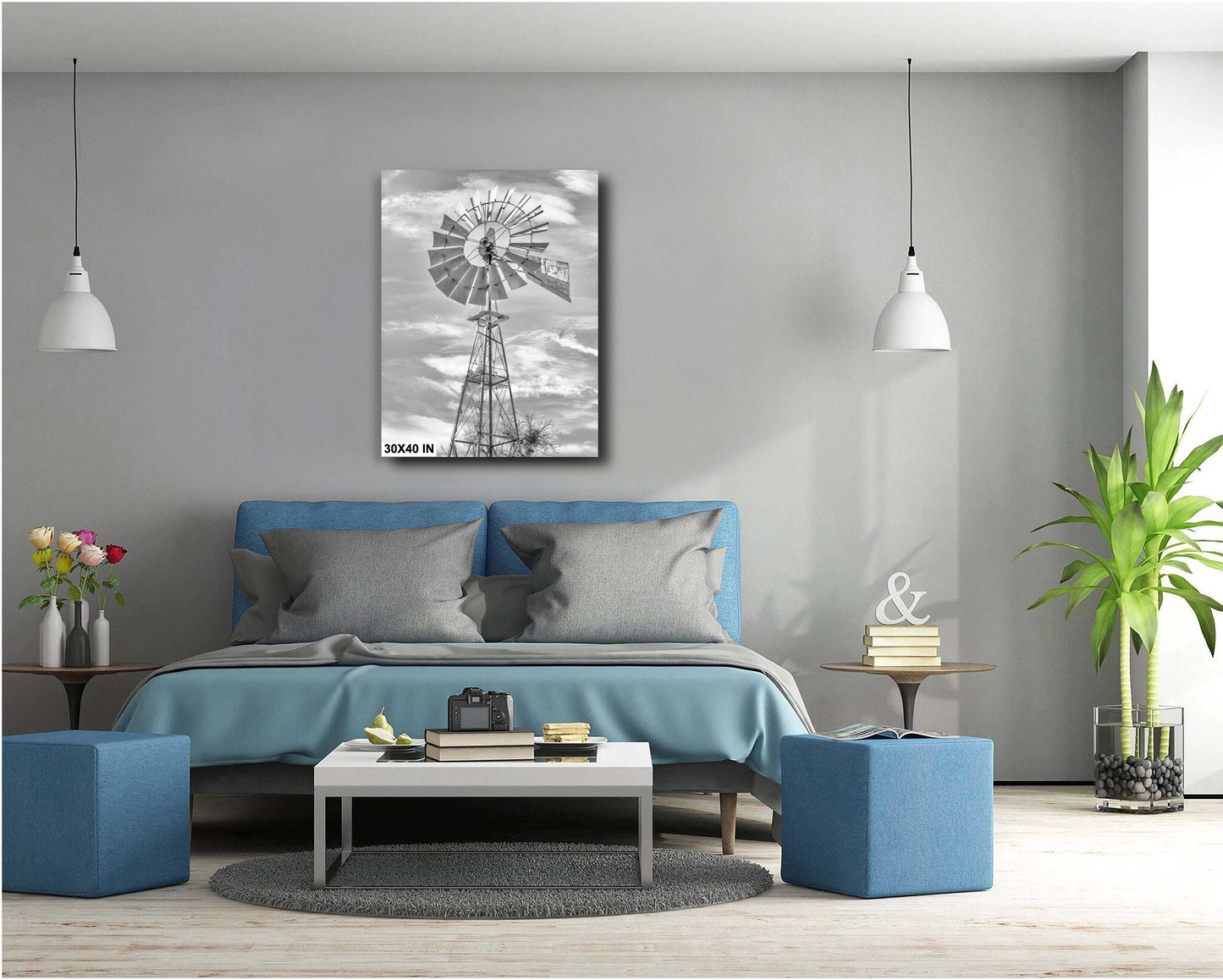Texas Wall Art - Bandera Windmill Print - Cowboy Capitol of the World Black & White Art for Rustic Country Home Decor