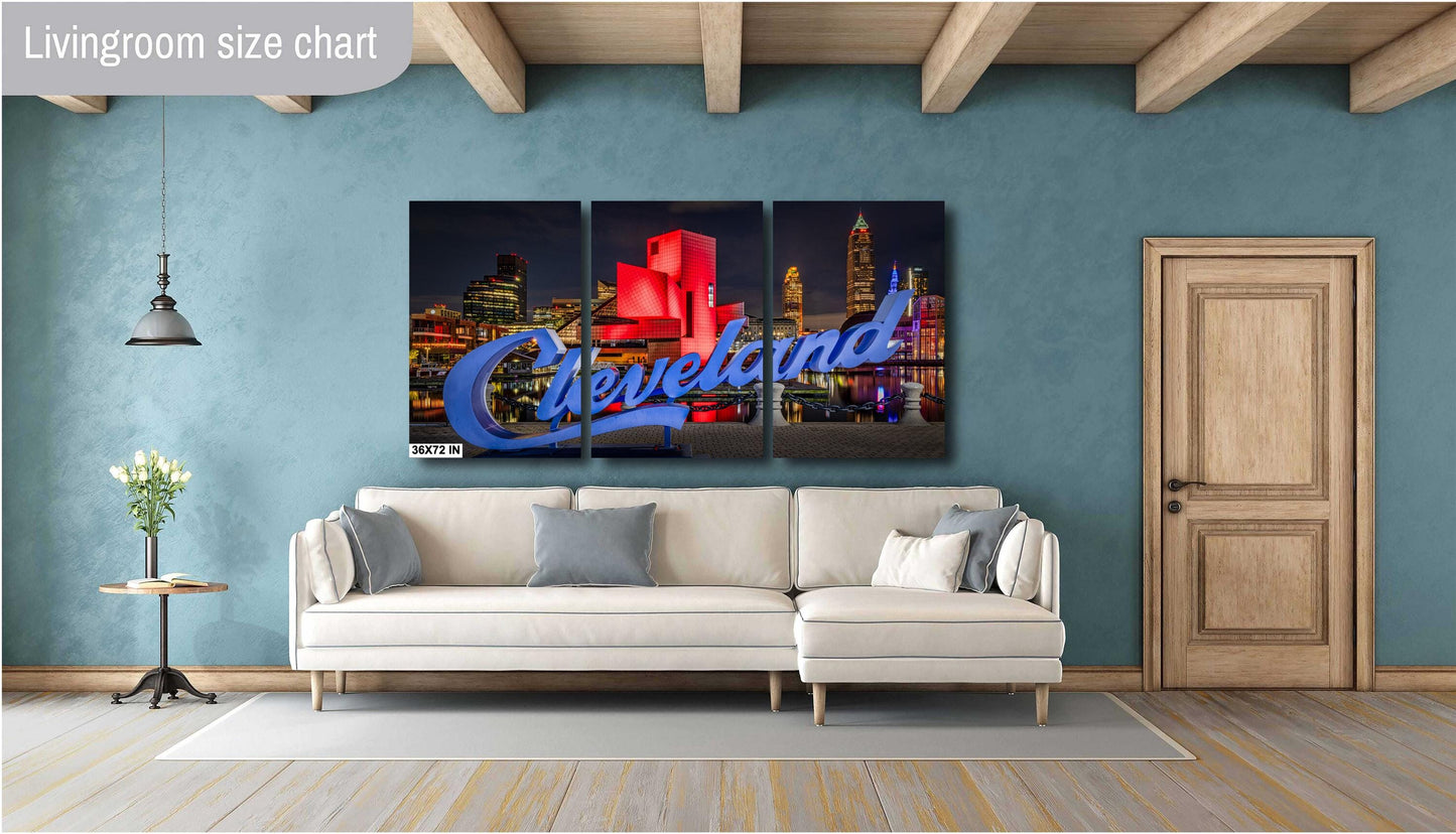 Cleveland Skyline at Night Art | Script Sign & Rock Hall Canvas, Metal Print | Downtown Ohio Cityscape Decor