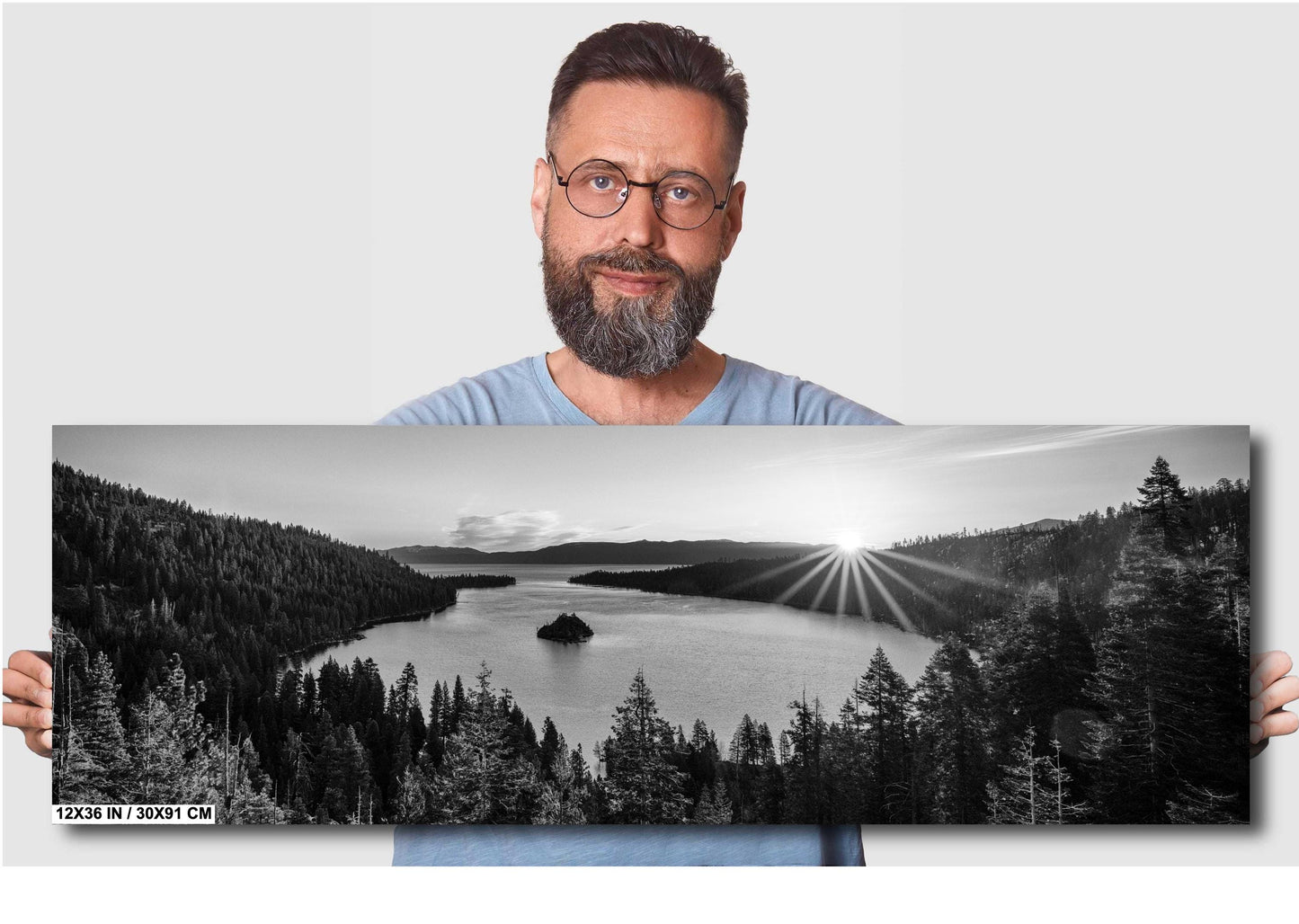 Lake Tahoe Print of Sunrise Black & White Photo - Emerald Bay Fanette Island Wall Art on Premium Paper, Canvas, Acrylic, or Metal