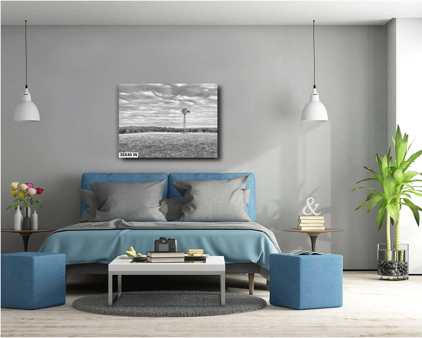 Western Wall Art | Black & White Windmill Photo Landscape Poster for Farmhouse Decor | Country House Print on Paper or Metal