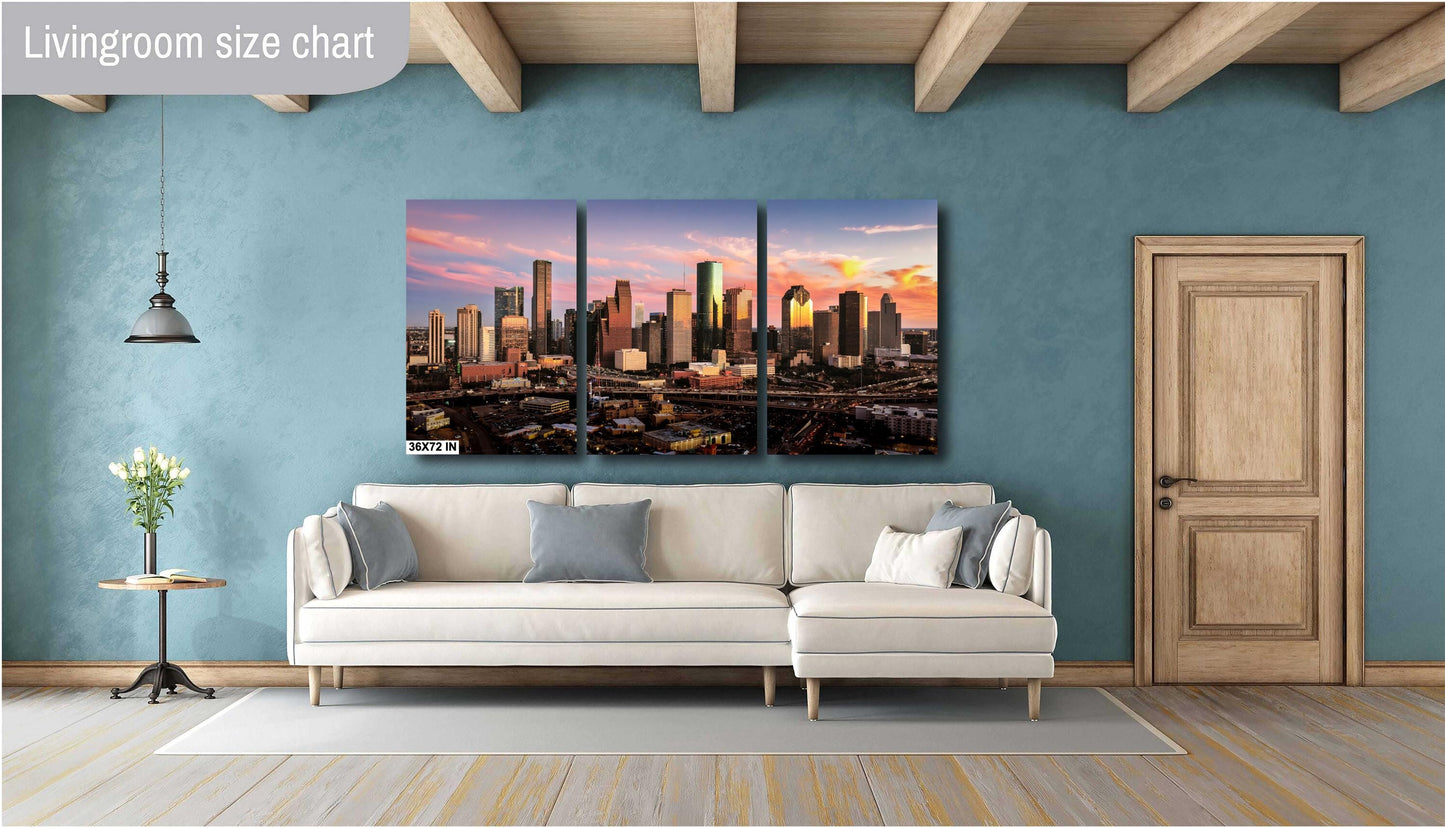 Houston Wall Art - Houston Skyline Sunset Panoramic Photo | Downtown Cityscape Print on Premium Photo Paper, Canvas, Acrylic & Metal