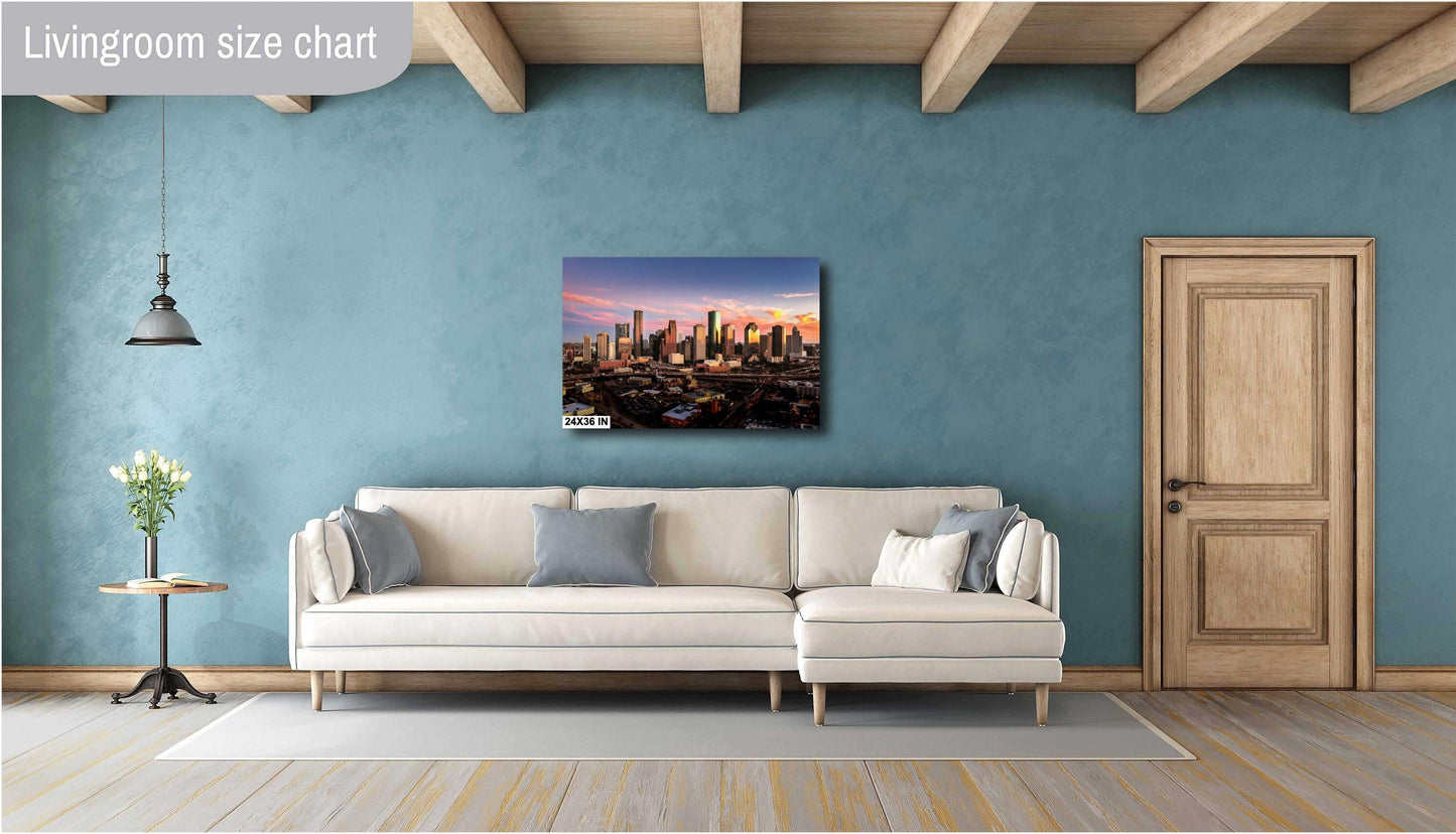 Houston Wall Art - Houston Skyline Sunset Panoramic Photo | Downtown Cityscape Print on Premium Photo Paper, Canvas, Acrylic & Metal