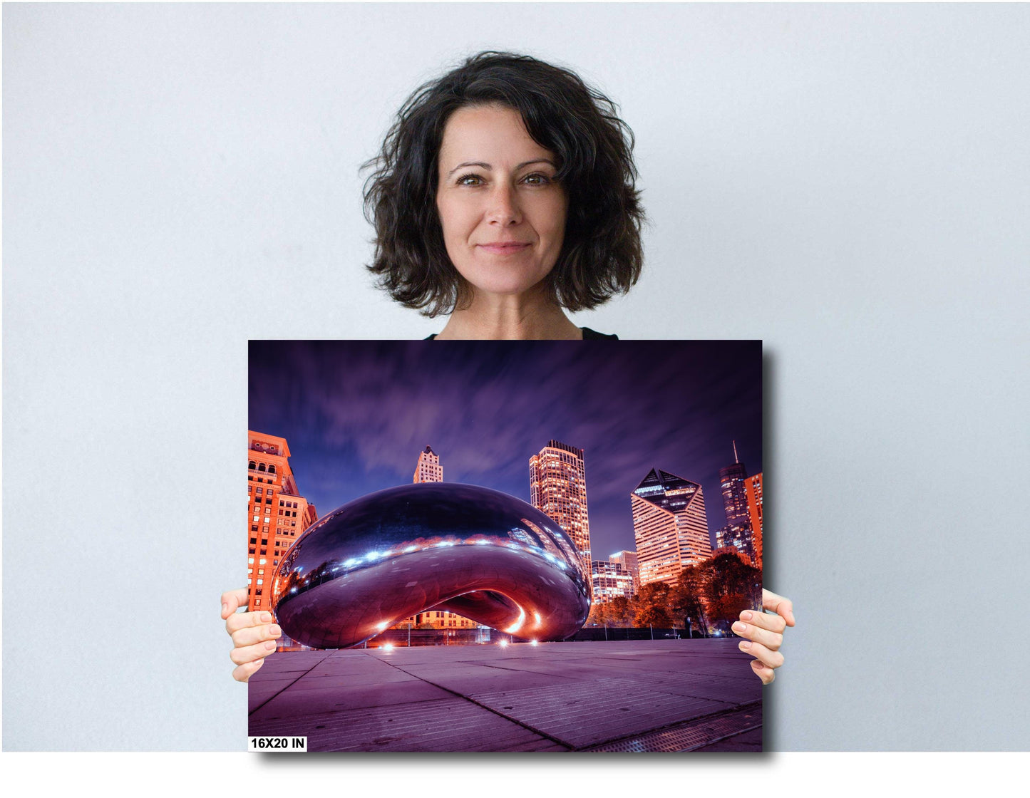 Illuminated Chicago Bean Cloud Gate Evening Cityscape Photography Wall Art - Large Canvas, Acrylic, Metal Print