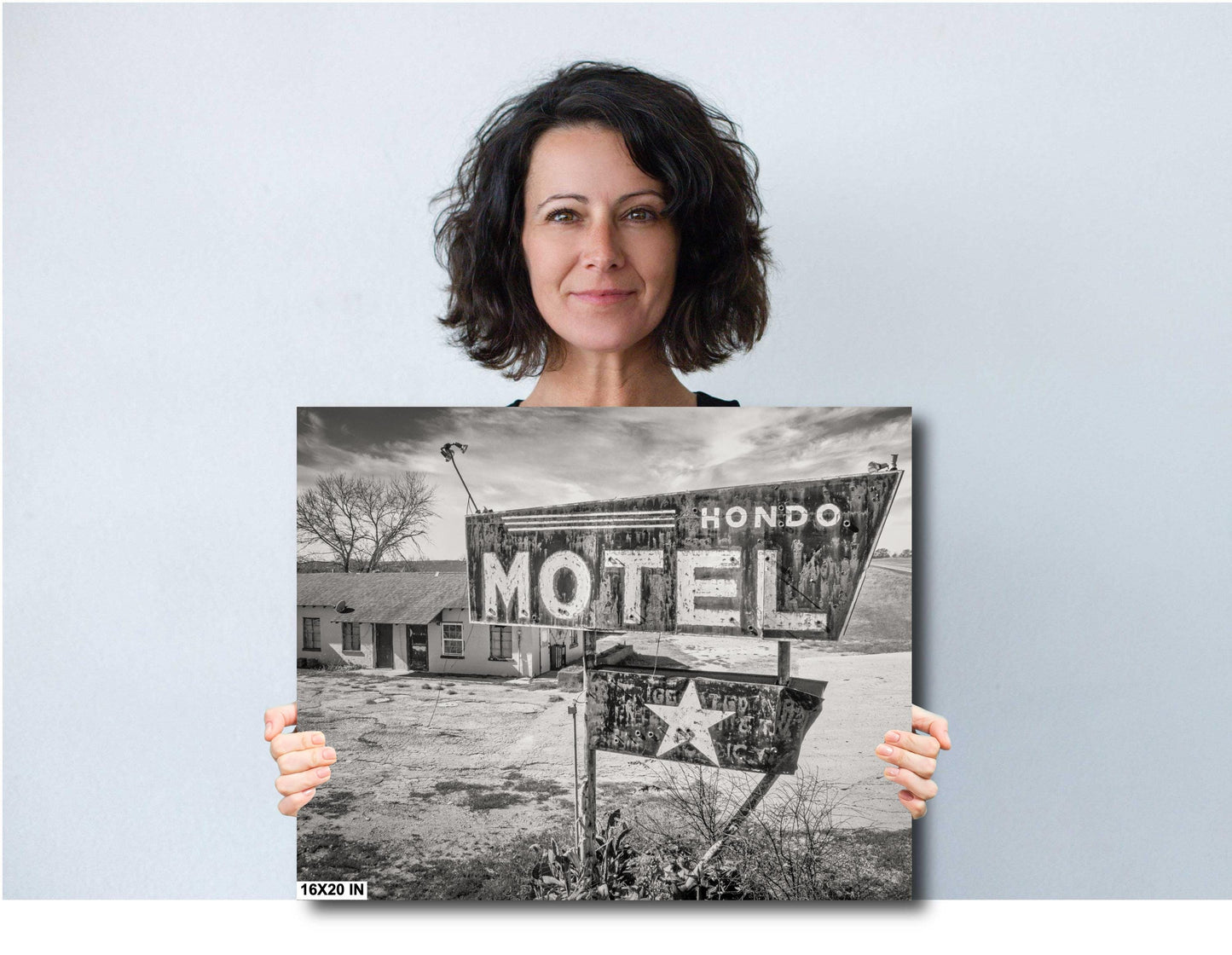Hondo Motel Neon Sign Art - Black & White Photography for Texas Roadside Wall Decor, Retro Home Decor