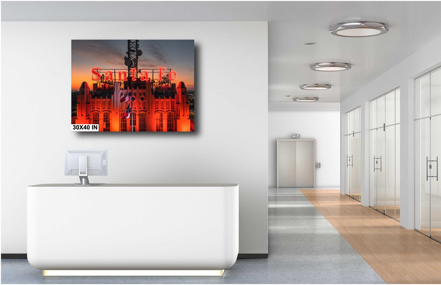 Historic Santa Fe Building Photo Print | Vintage Neon Sign Skyline Sunset | Premium Paper or Ready-to-Hang Canvas Art