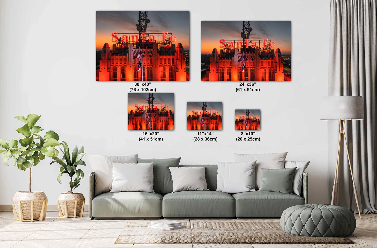 Historic Santa Fe Building Photo Print | Vintage Neon Sign Skyline Sunset | Premium Paper or Ready-to-Hang Canvas Art