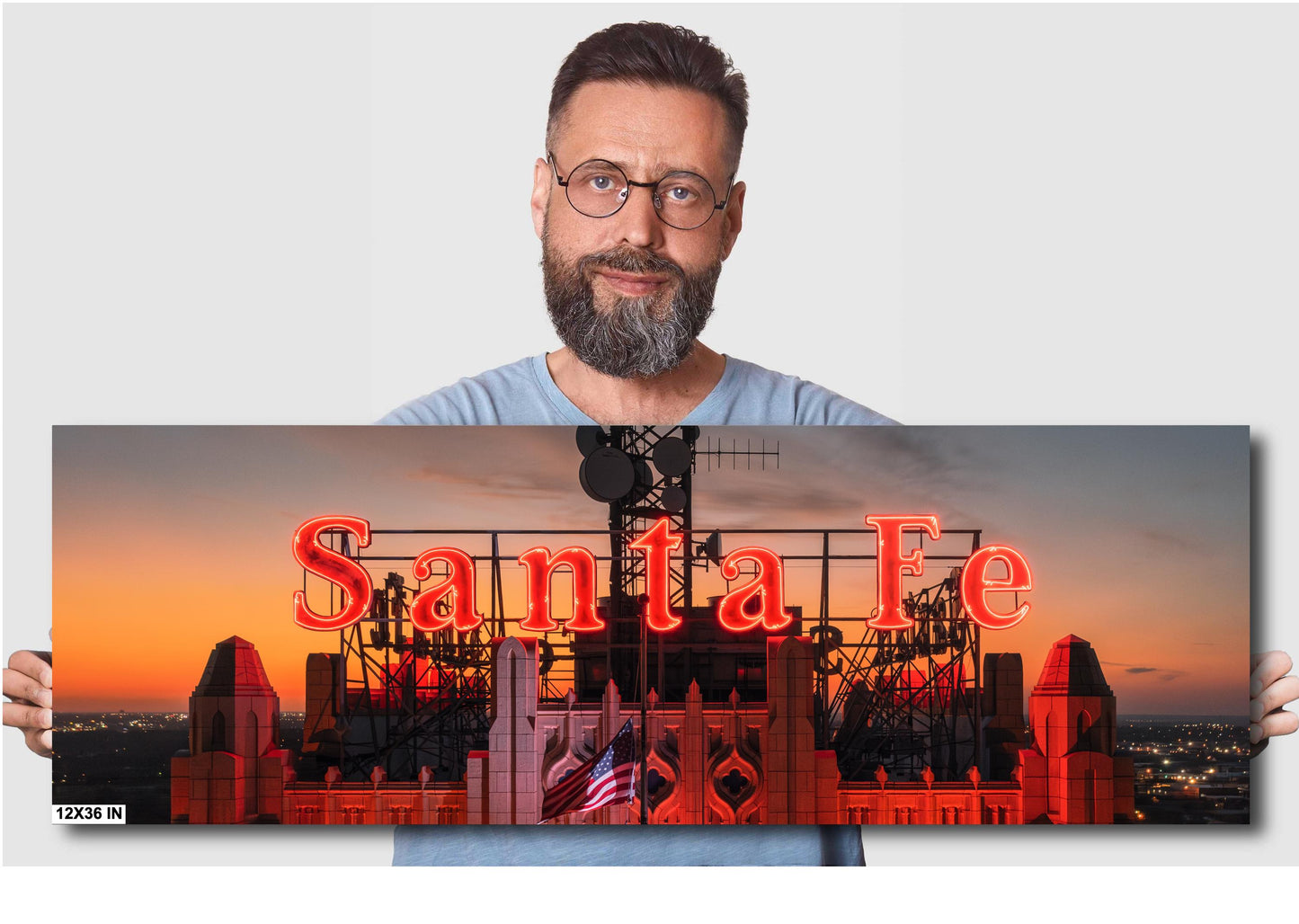 Historic Santa Fe Building Photo Print | Vintage Neon Sign Skyline Sunset | Premium Paper or Ready-to-Hang Canvas Art