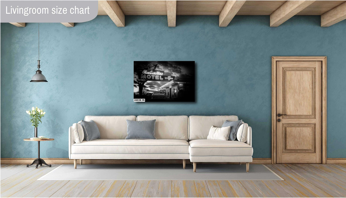 Route 66 Blue Swallow Motel Wall Art: Black & White Neon Sign Photography, Americana Decor, New Mexico Art