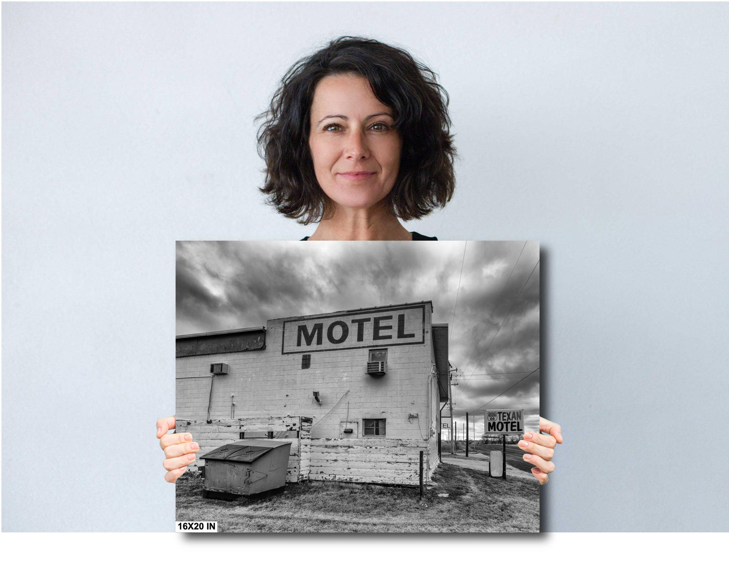 Motel - Black & White Photograph of Route 66 in Shamrock, Texas | Weathered Texan Motel on Photo Paper, Canvas, Acrylic, Metal