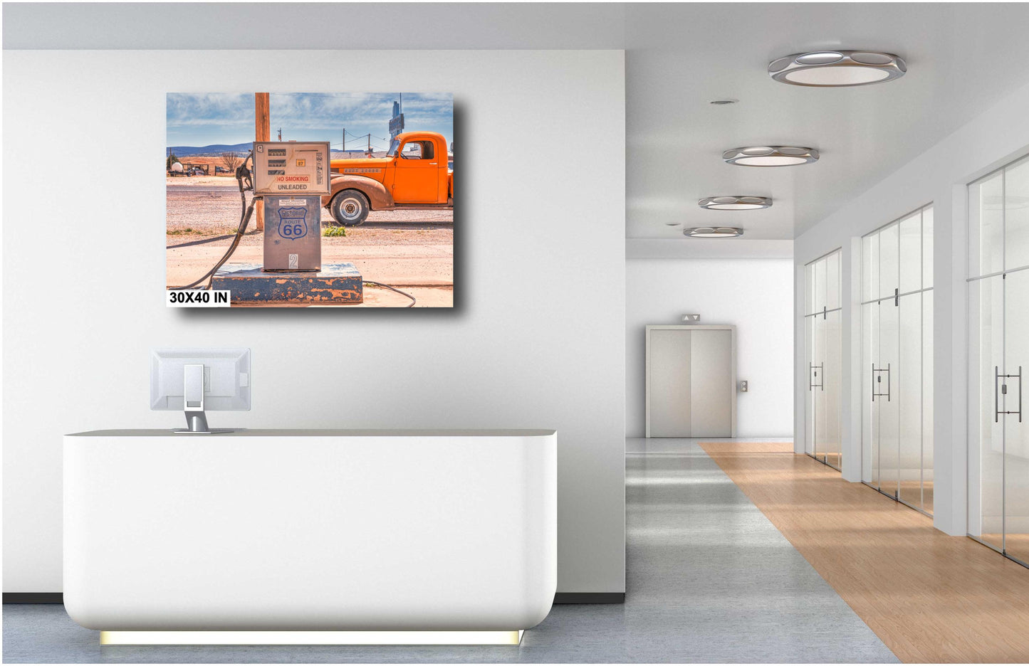 Vintage 1940s Chevrolet Pickup Photograph on Historic Route 66 - Rustic Western Gas Station Wall Art