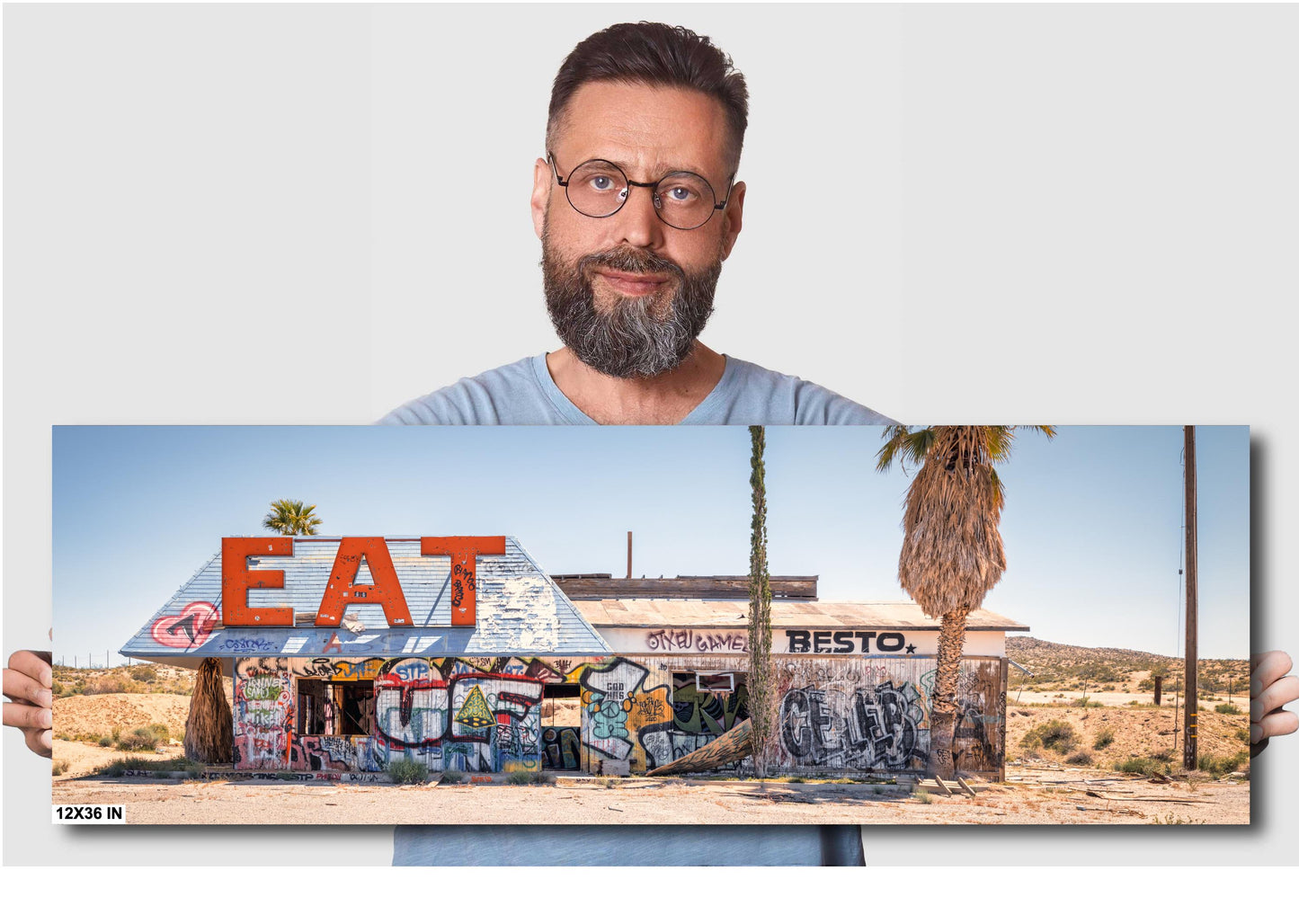 EAT Abandoned California Desert Diner Photo Print | Americana Roadside Cafe Graffiti Art Wall Decor