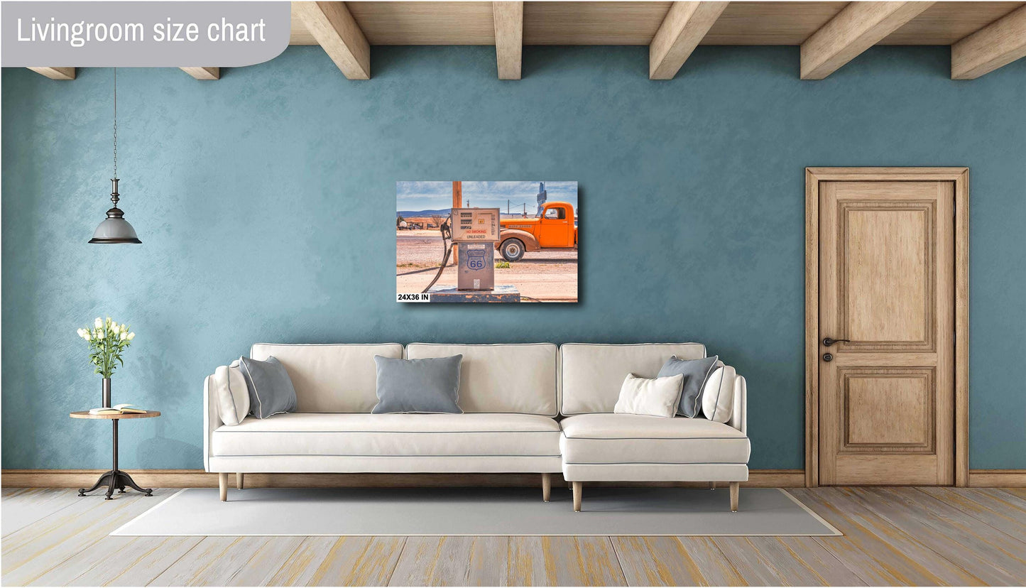 Vintage 1940s Chevrolet Pickup Photograph on Historic Route 66 - Rustic Western Gas Station Wall Art