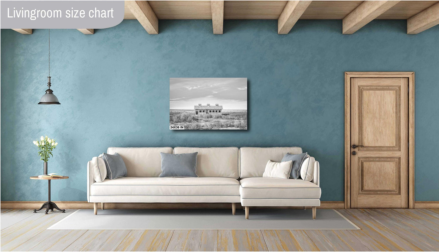 Farmhouse Wall Decor - Rustic Texas Farmstead B&W Print of Abandoned Homestead and Chicken House Rural Landscape Art