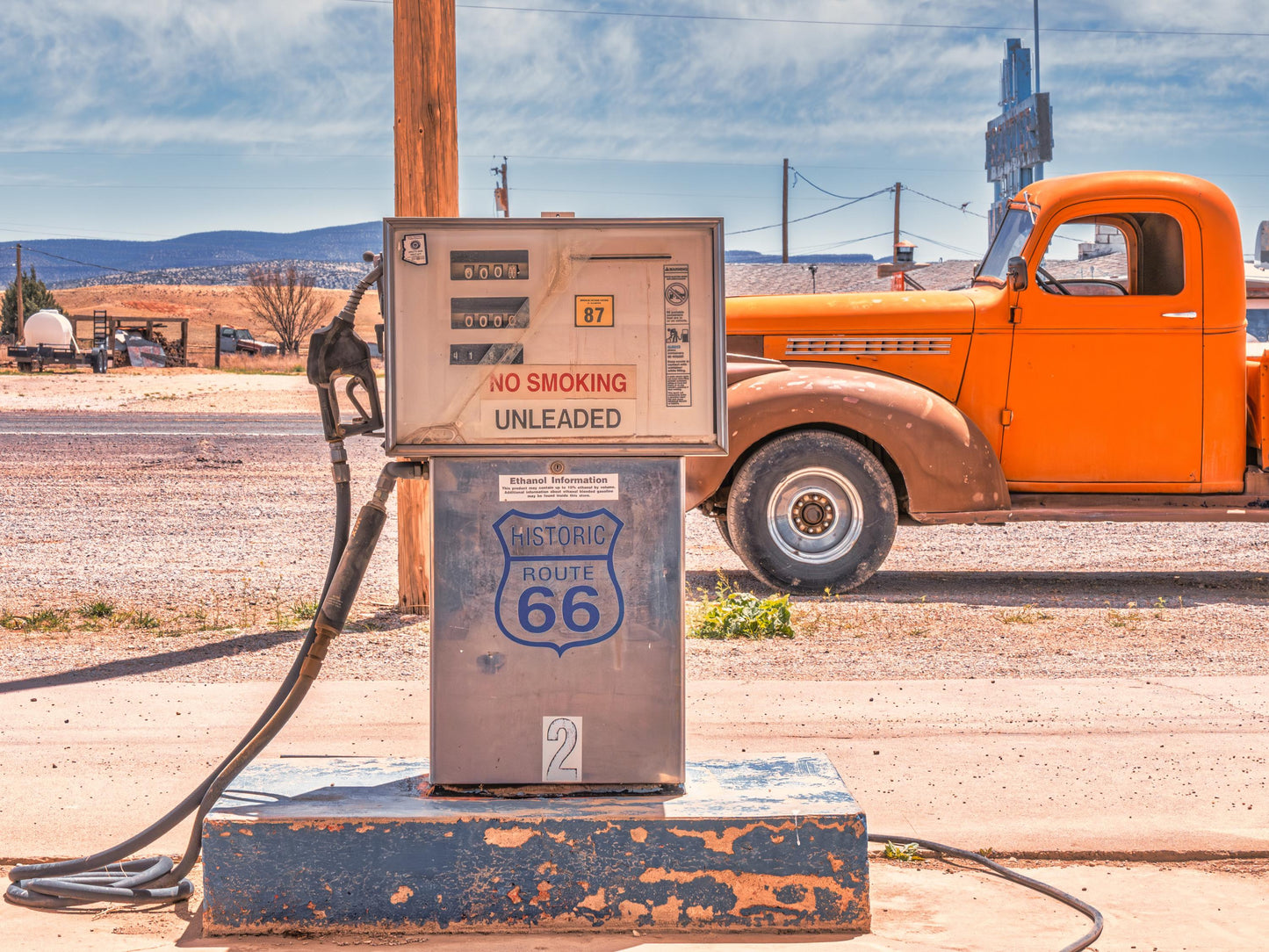 Vintage 1940s Chevrolet Pickup Photograph on Historic Route 66 - Rustic Western Gas Station Wall Art