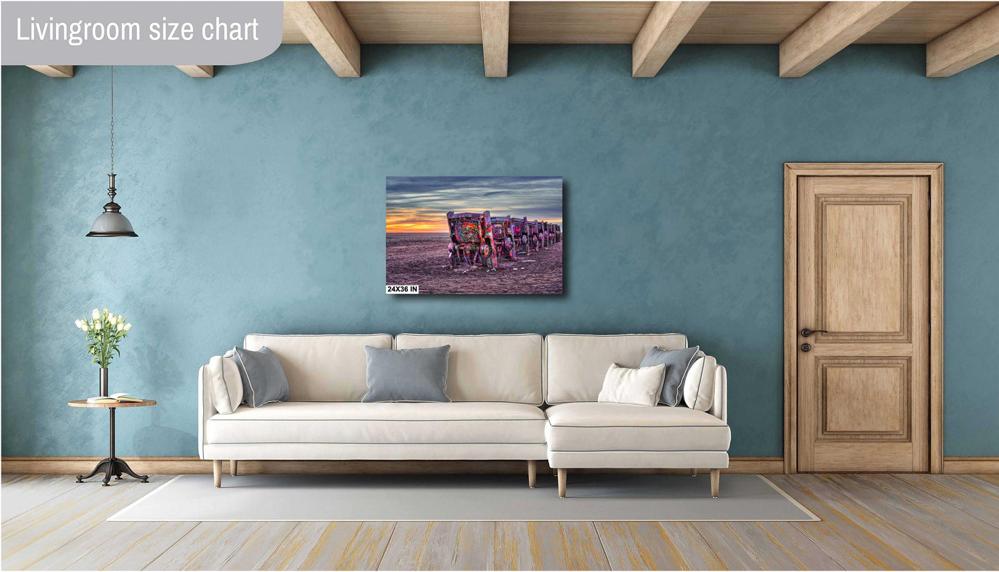 Cadillac Ranch Sunset Panorama | Route 66 Amarillo Texas Roadside Attraction Photography Print on Photo Paper, Canvas & Metal