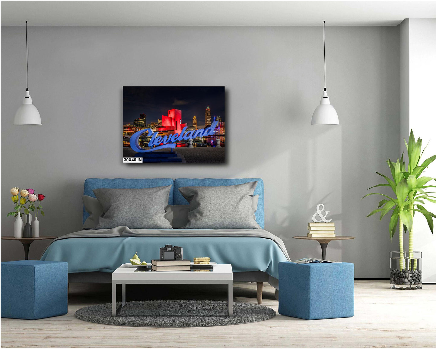 Cleveland Skyline at Night Art | Script Sign & Rock Hall Canvas, Metal Print | Downtown Ohio Cityscape Decor