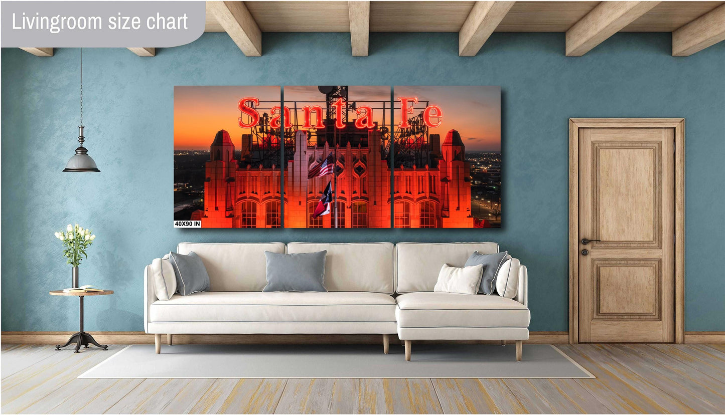 Historic Santa Fe Building Photo Print | Vintage Neon Sign Skyline Sunset | Premium Paper or Ready-to-Hang Canvas Art