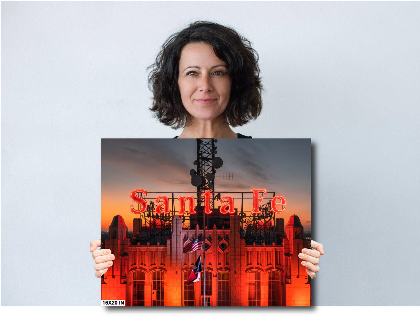 Historic Santa Fe Building Photo Print | Vintage Neon Sign Skyline Sunset | Premium Paper or Ready-to-Hang Canvas Art