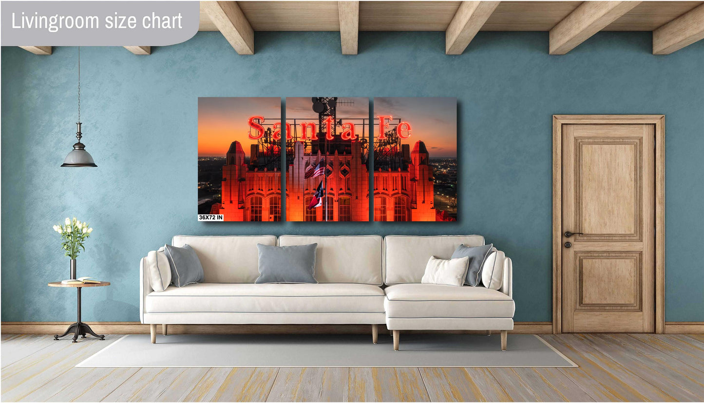 Historic Santa Fe Building Photo Print | Vintage Neon Sign Skyline Sunset | Premium Paper or Ready-to-Hang Canvas Art