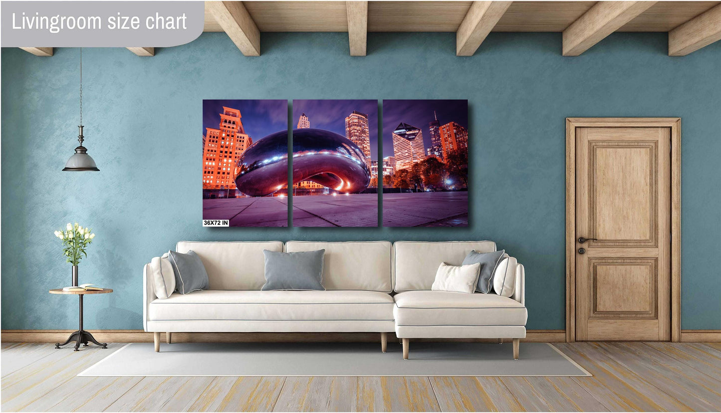 Illuminated Chicago Bean Cloud Gate Evening Cityscape Photography Wall Art - Large Canvas, Acrylic, Metal Print