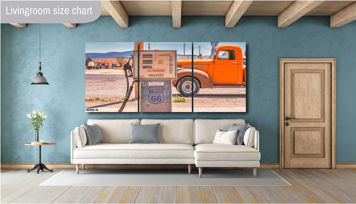 Vintage 1940s Chevrolet Pickup Photograph on Historic Route 66 - Rustic Western Gas Station Wall Art