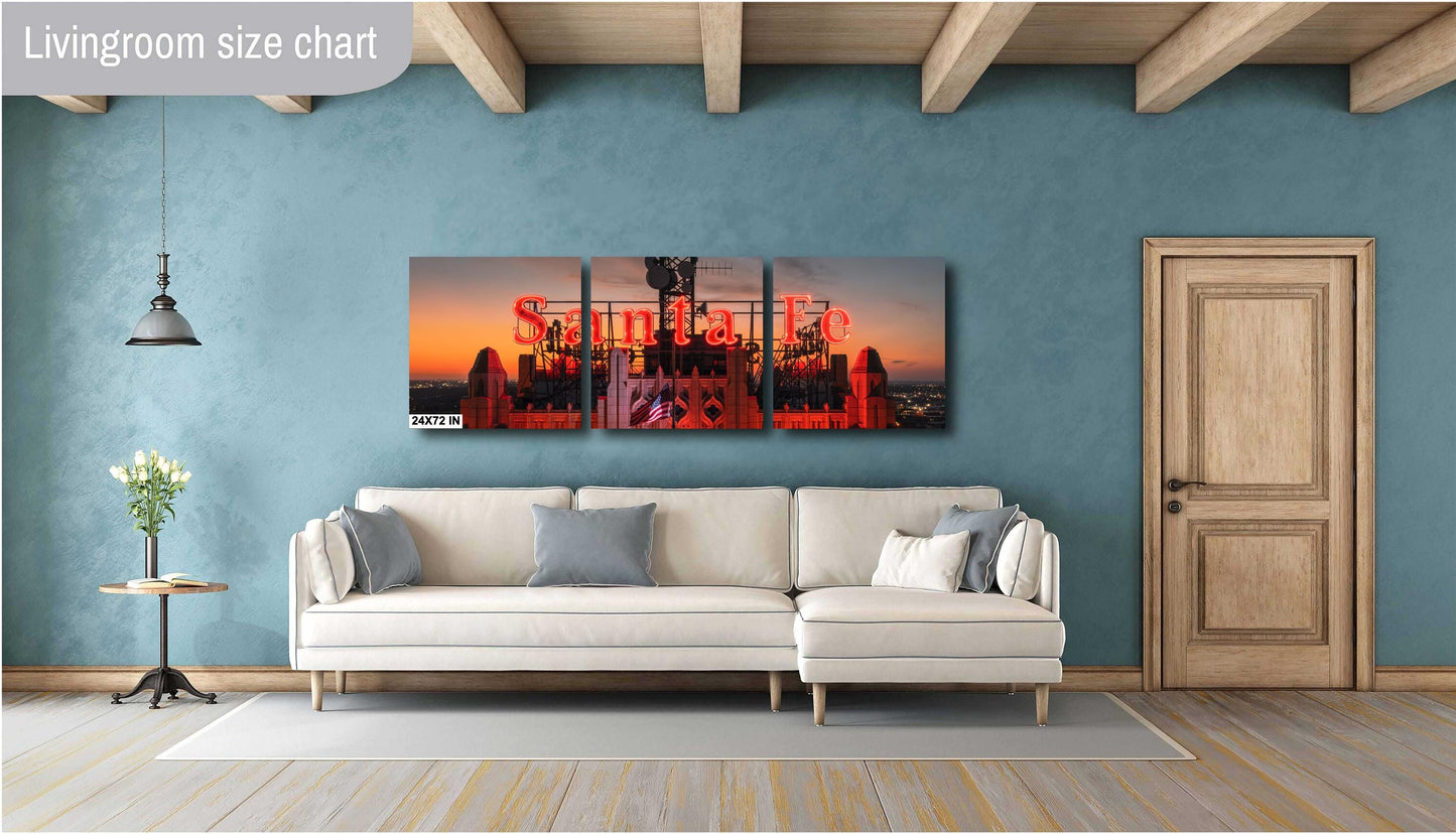 Historic Santa Fe Building Photo Print | Vintage Neon Sign Skyline Sunset | Premium Paper or Ready-to-Hang Canvas Art