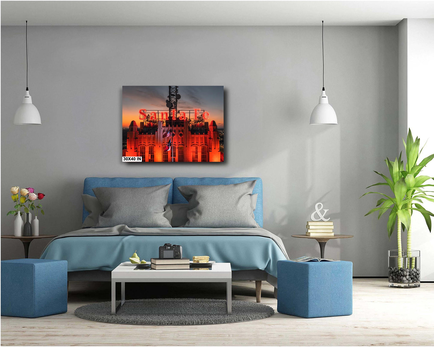Historic Santa Fe Building Photo Print | Vintage Neon Sign Skyline Sunset | Premium Paper or Ready-to-Hang Canvas Art