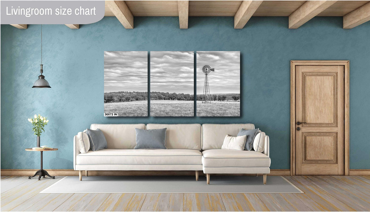 Western Wall Art | Black & White Windmill Photo Landscape Poster for Farmhouse Decor | Country House Print on Paper or Metal