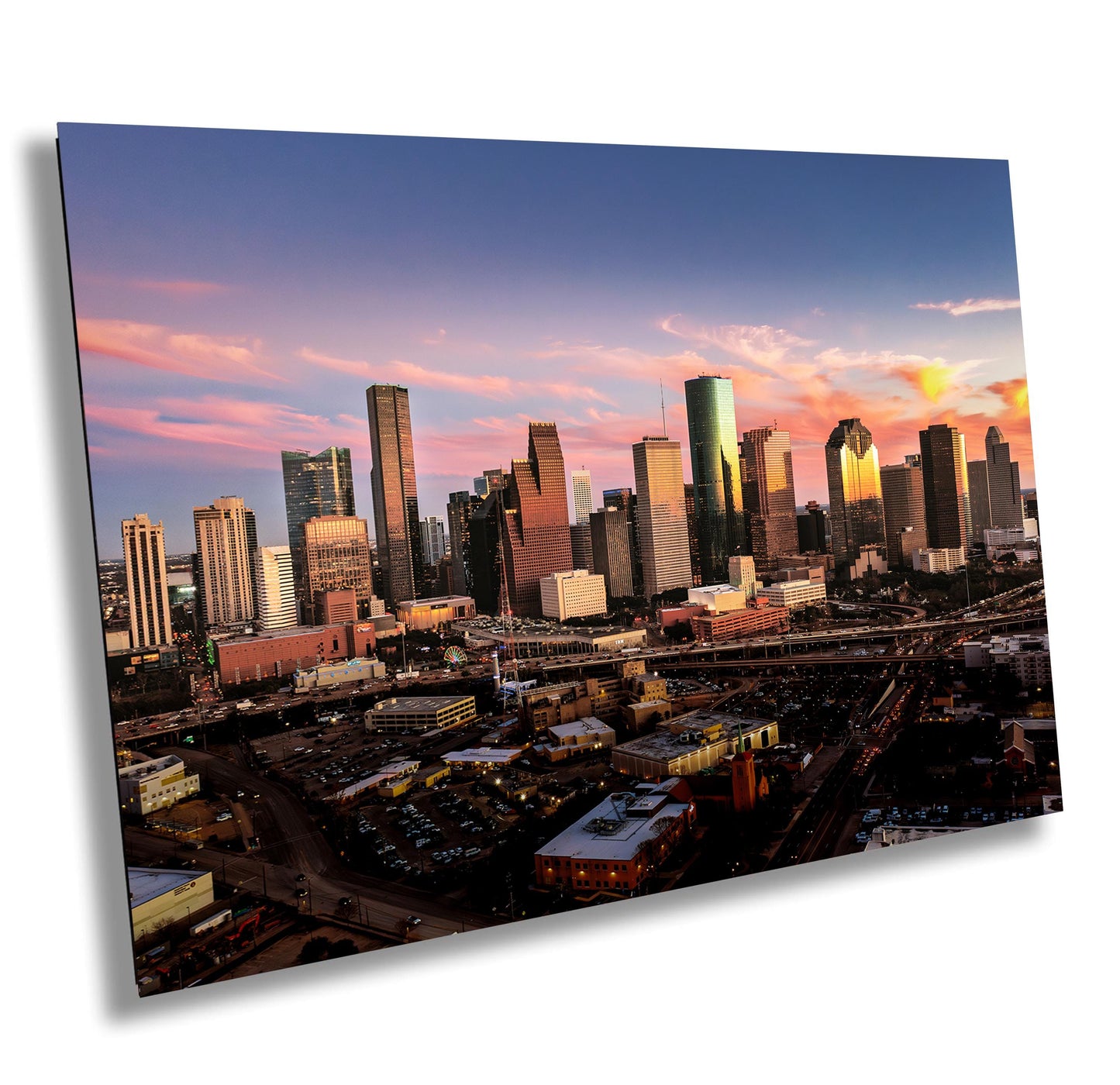 Houston Wall Art - Houston Skyline Sunset Panoramic Photo | Downtown Cityscape Print on Premium Photo Paper, Canvas, Acrylic & Metal
