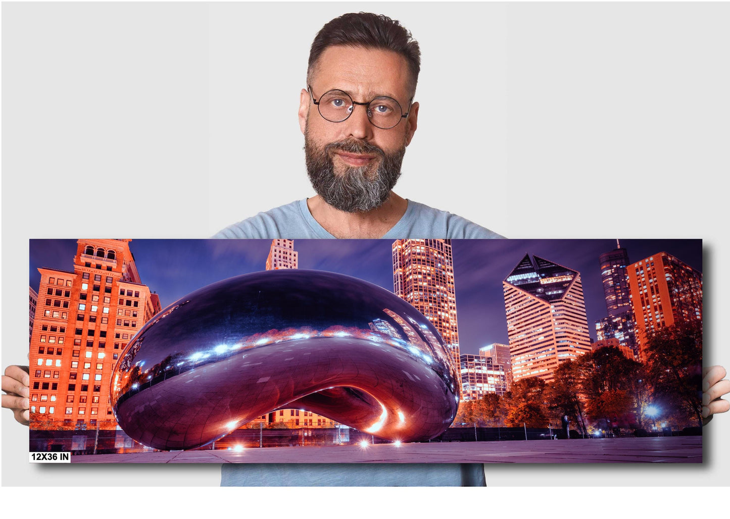 Illuminated Chicago Bean Cloud Gate Evening Cityscape Photography Wall Art - Large Canvas, Acrylic, Metal Print