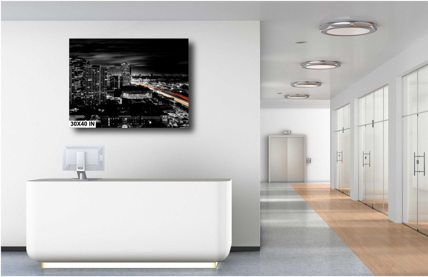 Houston Skyline Panoramic Night Photo | Cityscape with Lakewood Church & Light Trails | Urban Art Decor