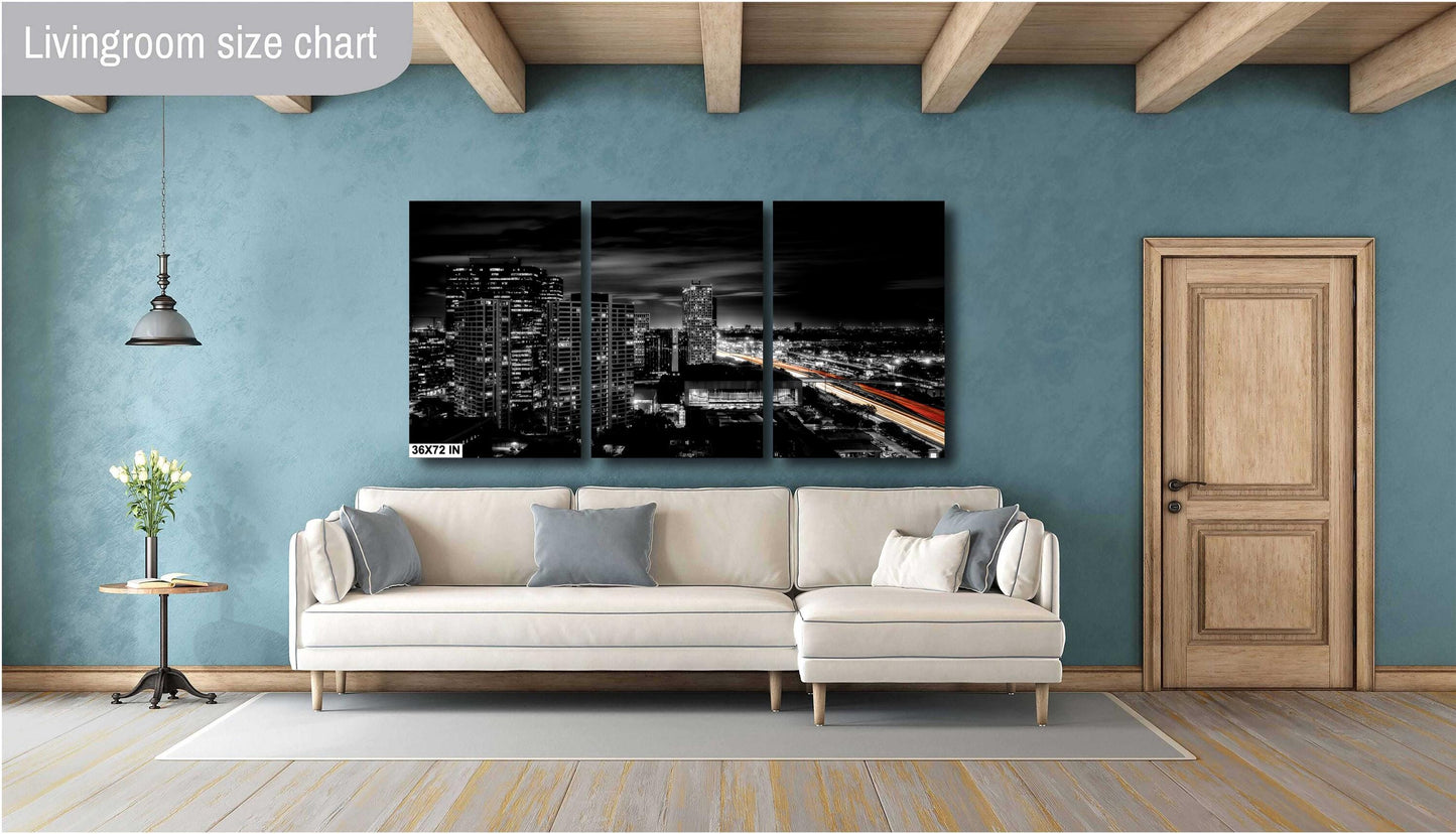 Houston Skyline Panoramic Night Photo | Cityscape with Lakewood Church & Light Trails | Urban Art Decor