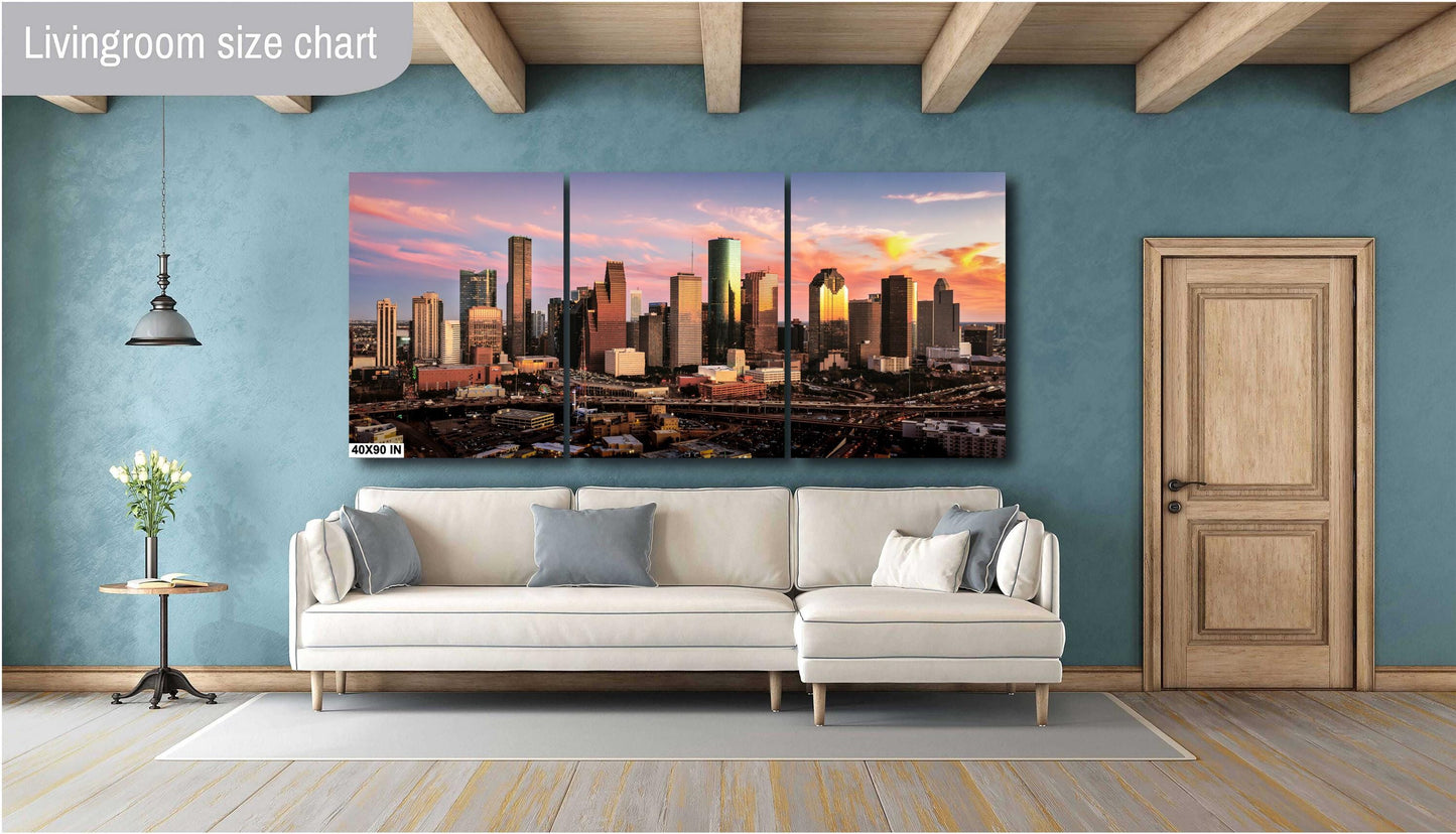 Houston Wall Art - Houston Skyline Sunset Panoramic Photo | Downtown Cityscape Print on Premium Photo Paper, Canvas, Acrylic & Metal