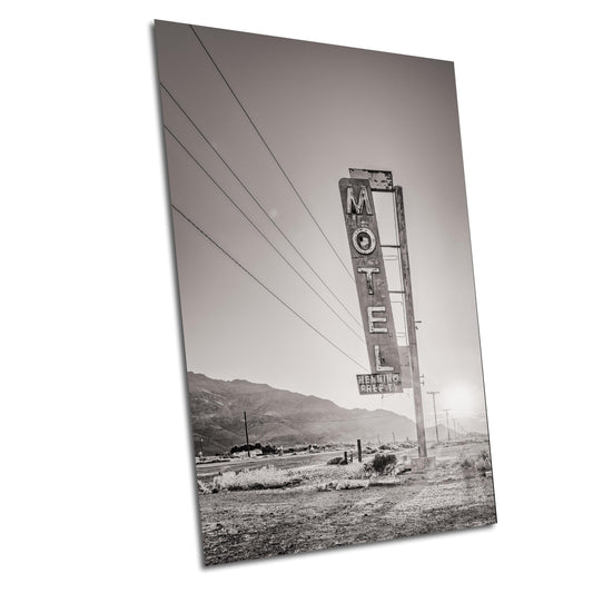 Vintage Motel Sign - Bagdad Cafe Movie: Motel Henning B&W Route 66 Americana Wall Art, Desert Landscape Photography for Southwestern Decor