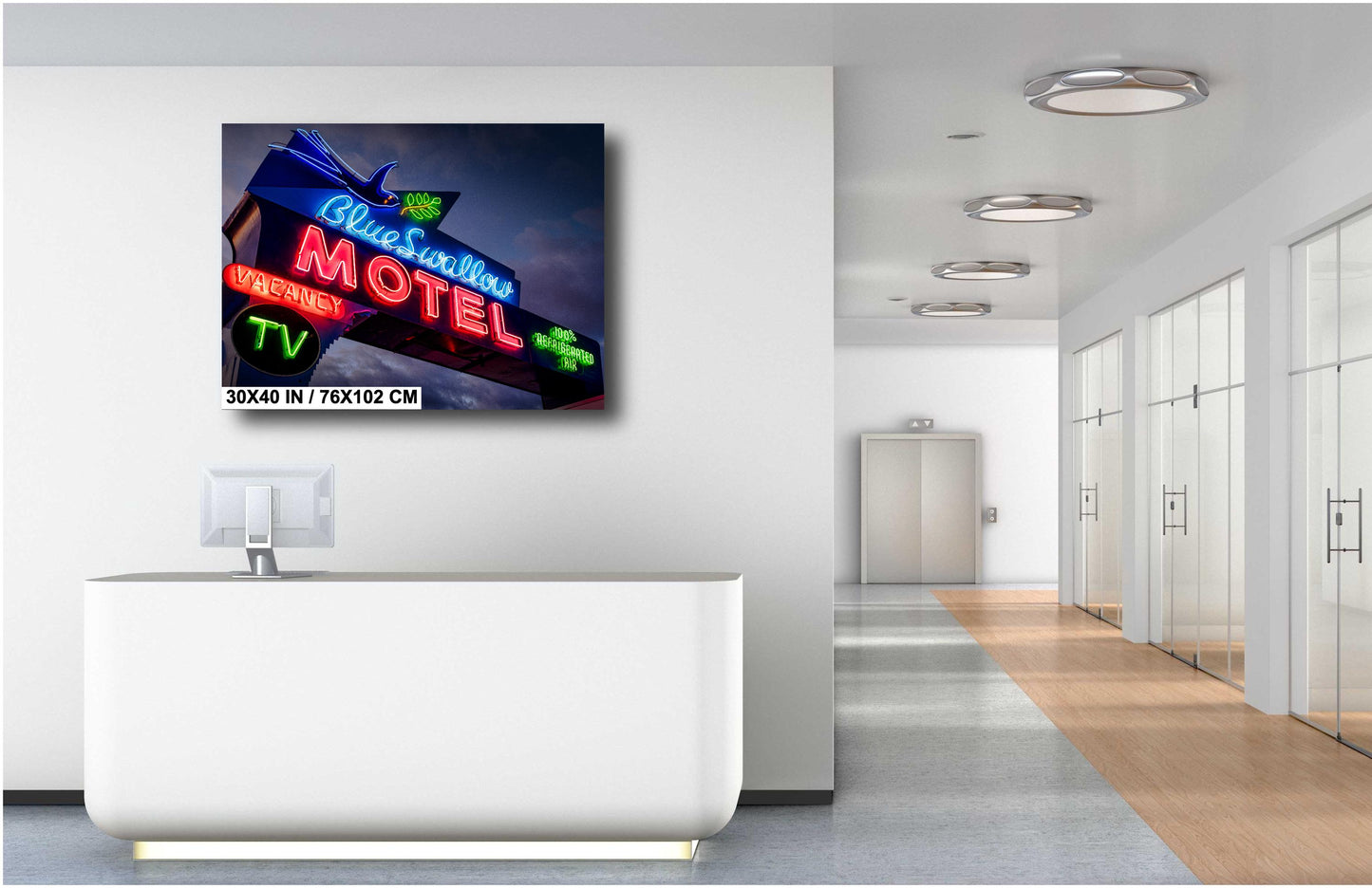 Route 66 Sign - Blue Swallow Motel Neon on Premium Photo Paper, or Ready-to-Hang Canvas, Acrylic, or Metal Decor
