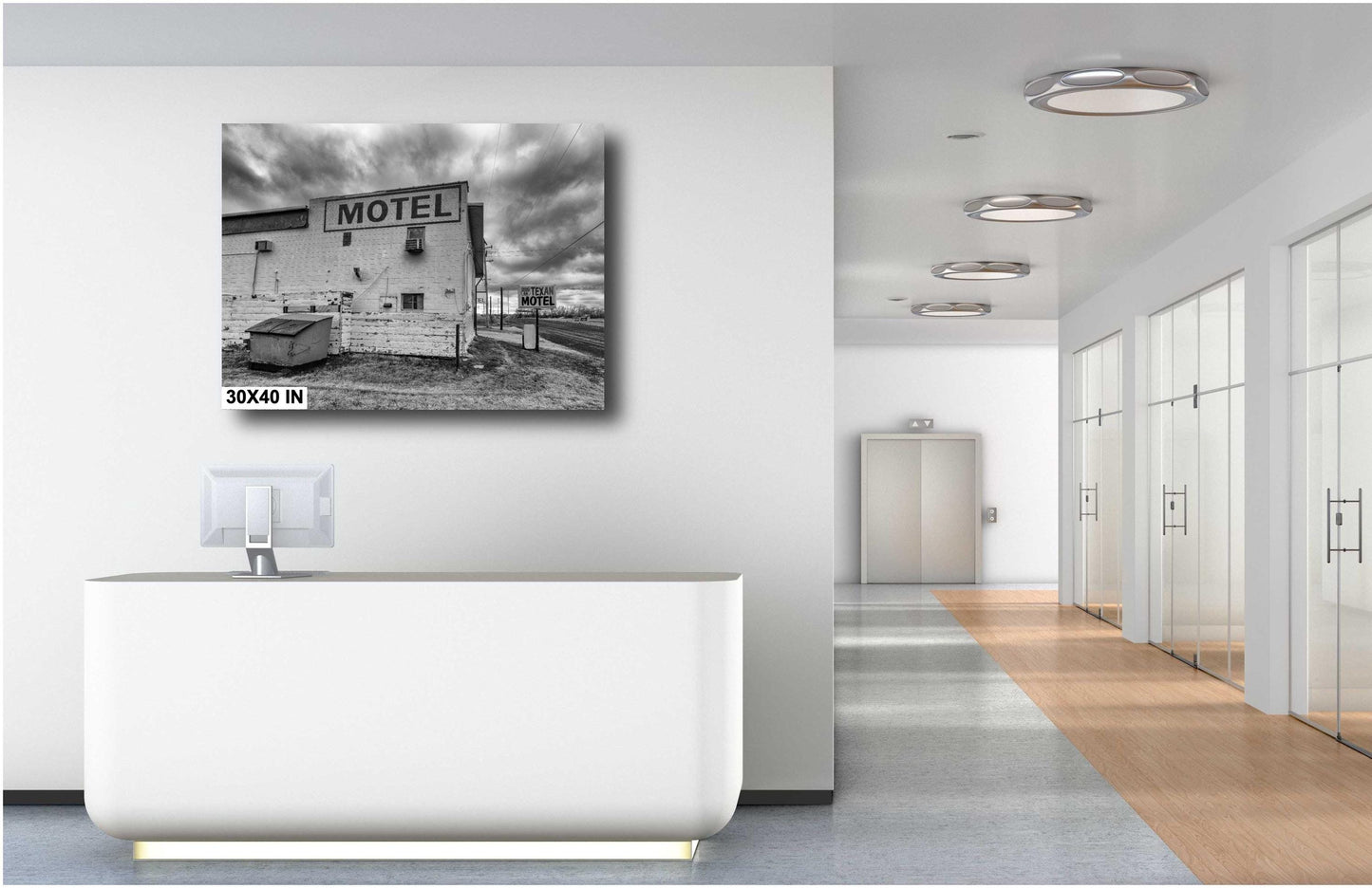 Motel - Black & White Photograph of Route 66 in Shamrock, Texas | Weathered Texan Motel on Photo Paper, Canvas, Acrylic, Metal